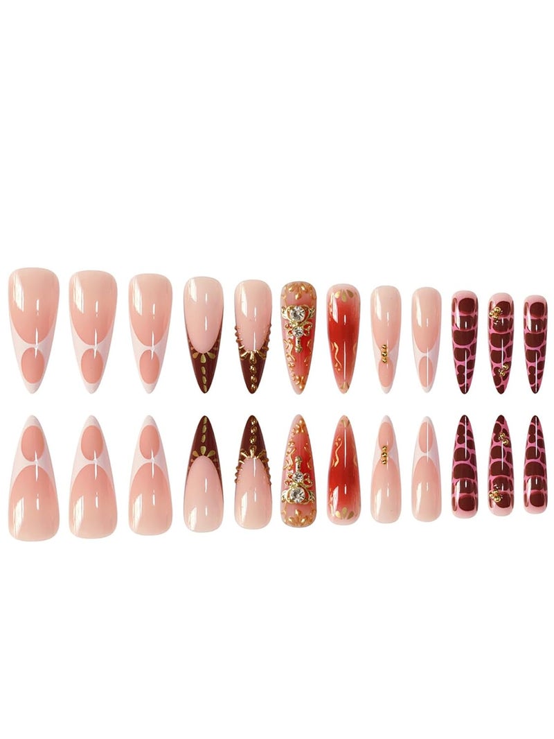 SEENEEY Almond Press on Nails Long Fake Nails French Red Artificial Nail with Rhinestones Designs Gold Charm Stick on Nail for Women 24pcs - Image 3